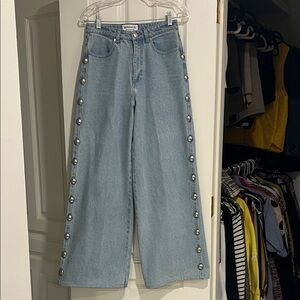 Veronica Beard Light Blue Wide Leg Jeans with Button Accents